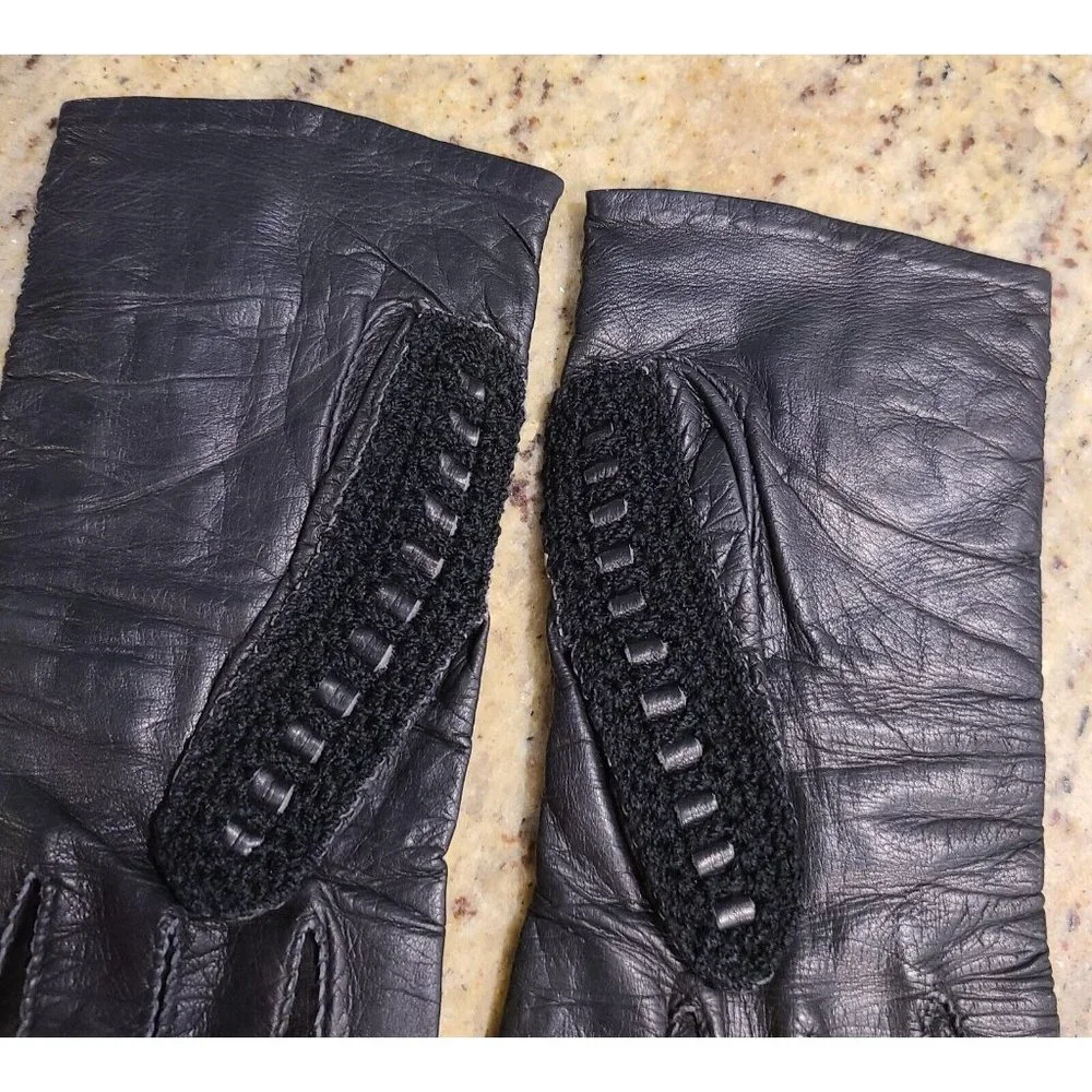 Vintage Size M 7 Black Leather And Knit Handmade Gloves Hammer Of Hollywood